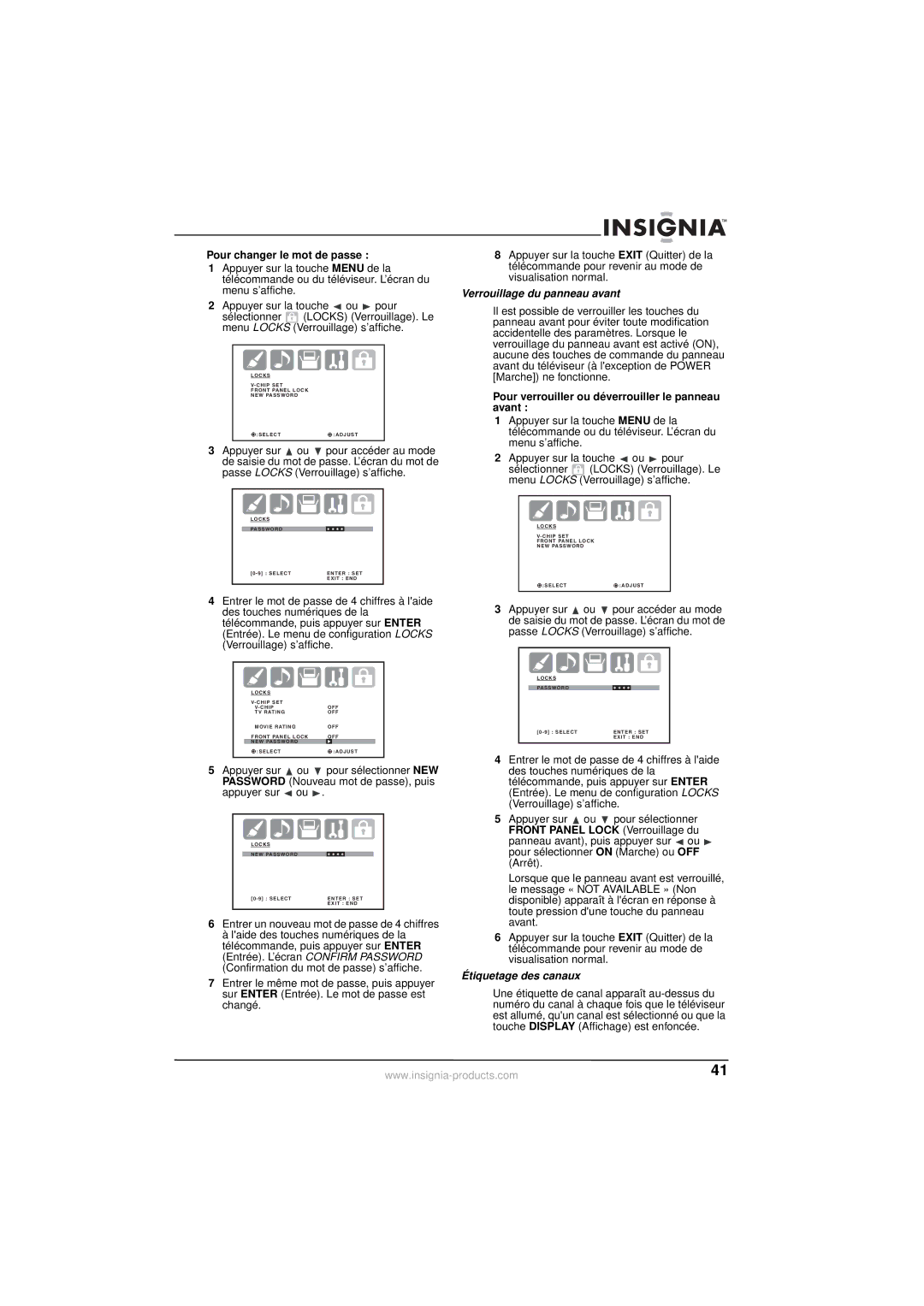 Insignia NS-30HTV manual Pour changer le mot de passe, Verrouillage du panneau avant, Étiquetage des canaux 