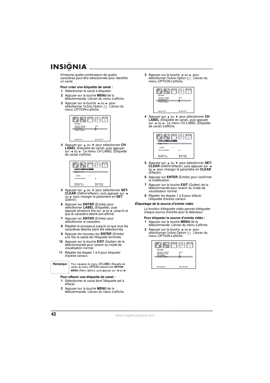 Insignia NS-30HTV manual Pour créer une étiquette de canal, Pour effacer une étiquette de canal 