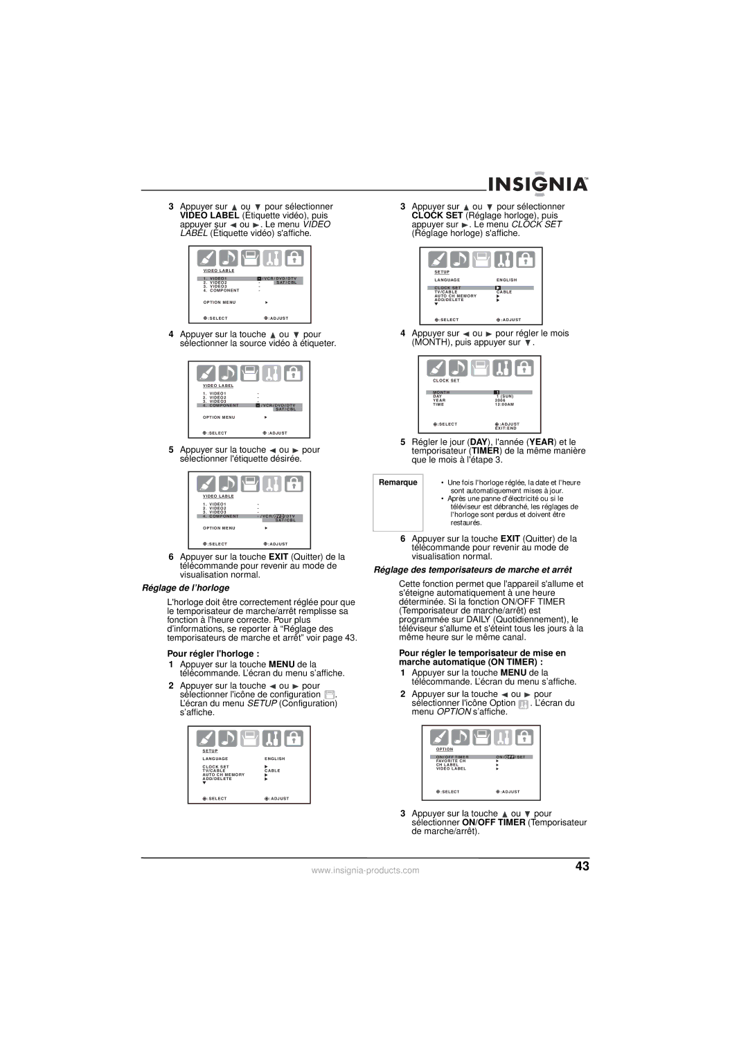 Insignia NS-30HTV Réglage de l’horloge, Pour régler lhorloge, Appuyer sur ou pour régler le mois MONTH, puis appuyer sur 