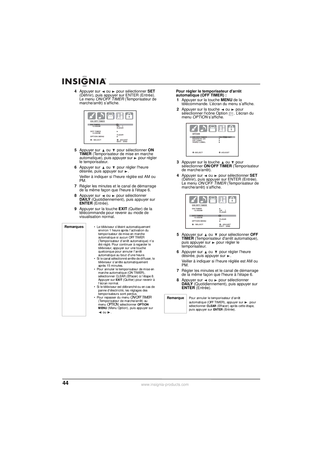 Insignia NS-30HTV Pour régler le temporisateur darrêt automatique OFF Timer, Remarque Pour annuler le temporisateur darrêt 