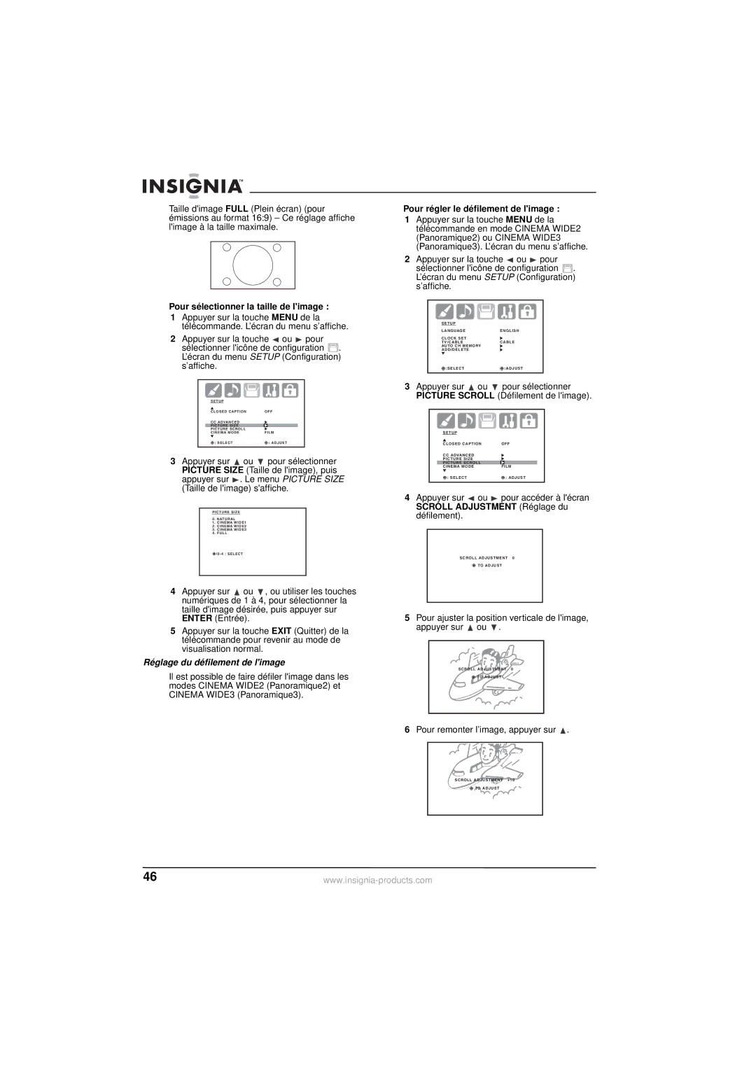 Insignia NS-30HTV manual Pour sélectionner la taille de limage, Réglage du défilement de limage 