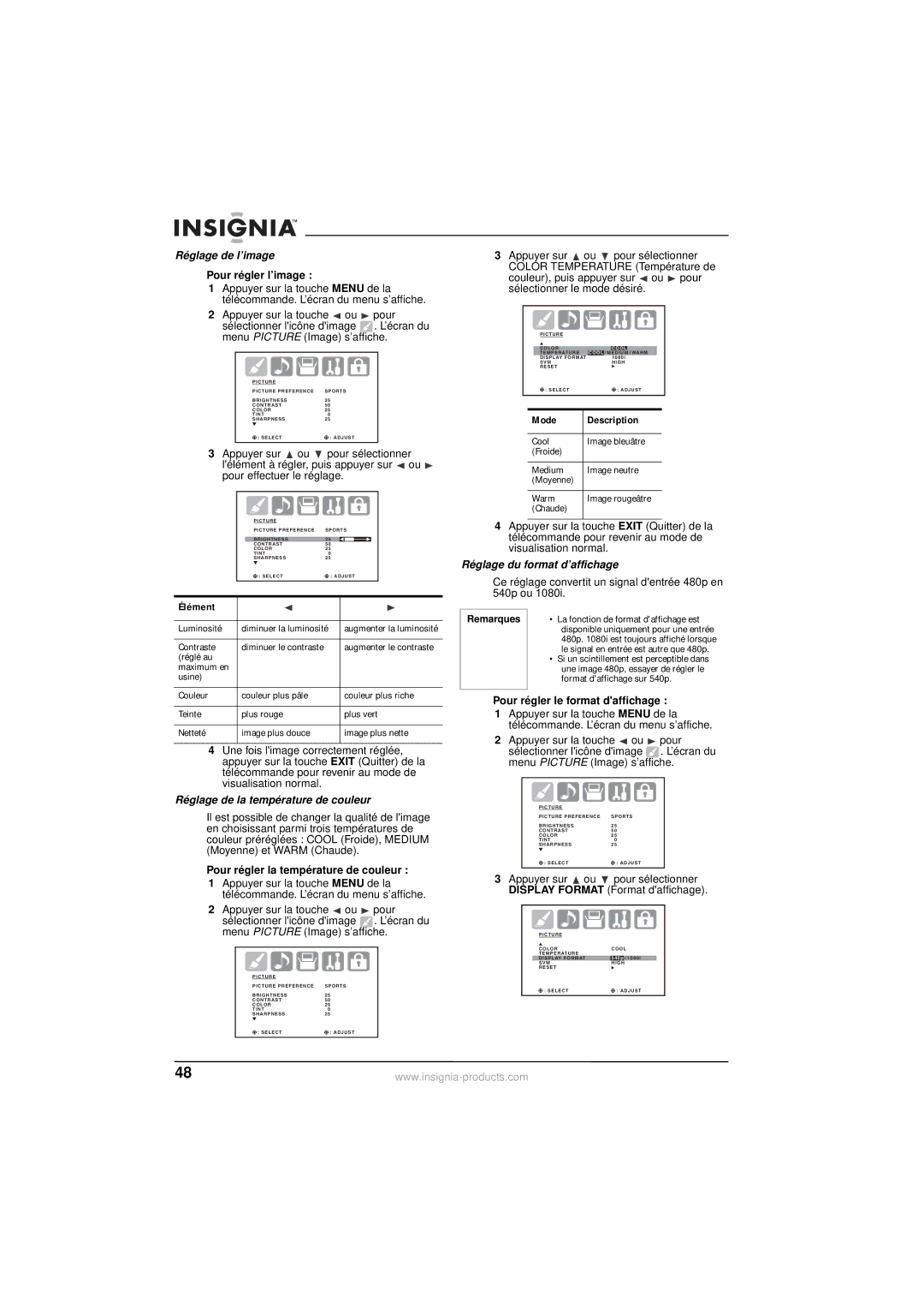 Insignia NS-30HTV manual Réglage de l’image, Réglage de la température de couleur, Réglage du format d’affichage 