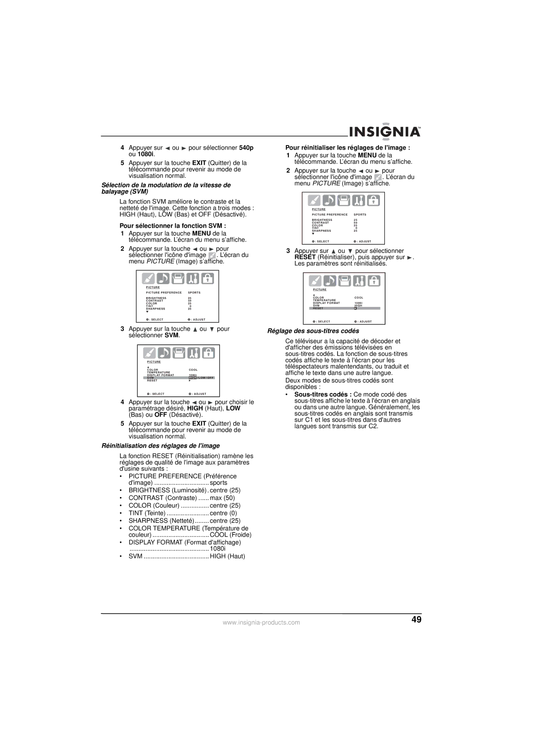 Insignia NS-30HTV manual Sélection de la modulation de la vitesse de balayage SVM, Pour sélectionner la fonction SVM 