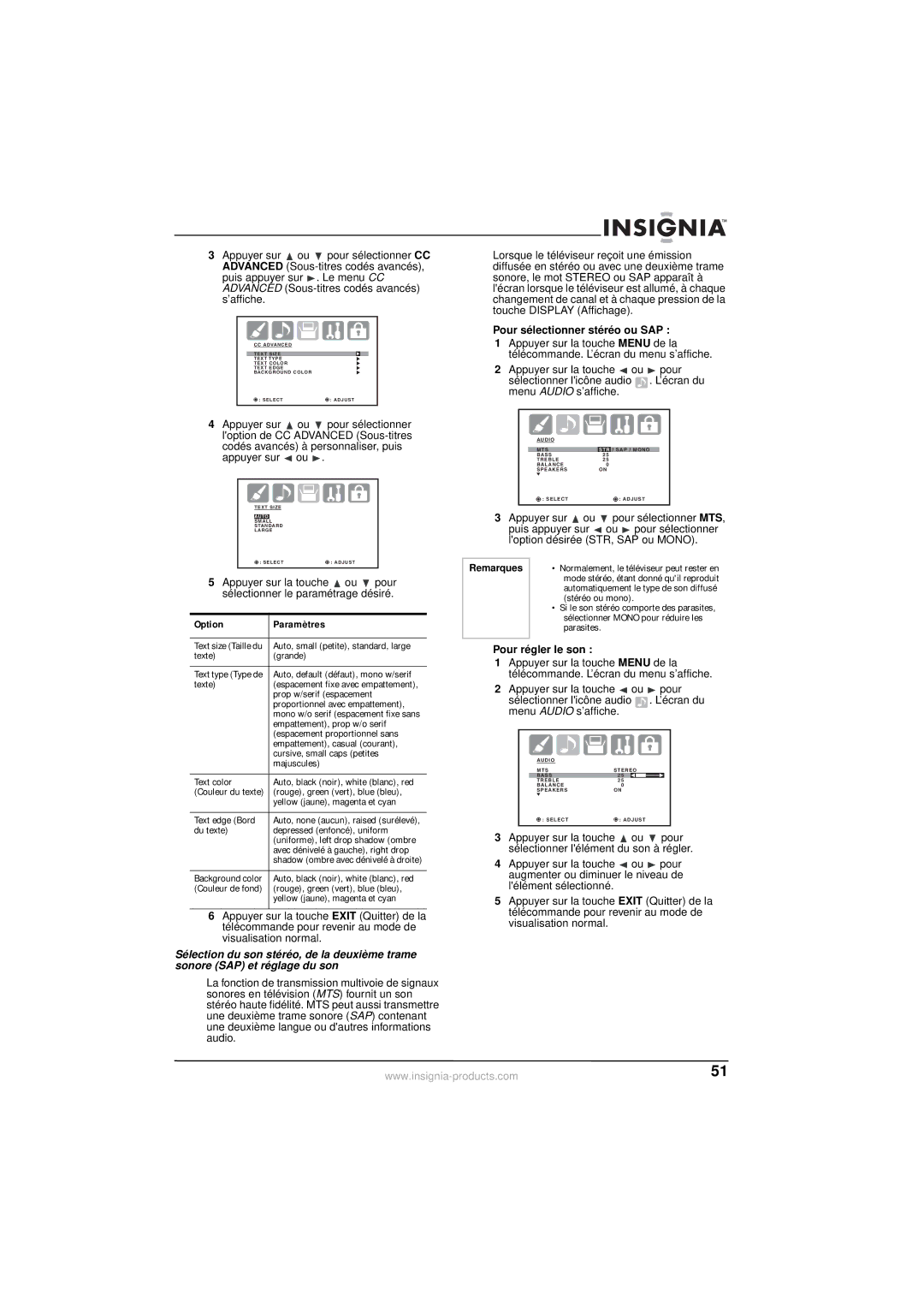 Insignia NS-30HTV manual Option Paramètres, Pour sélectionner stéréo ou SAP, Pour régler le son 