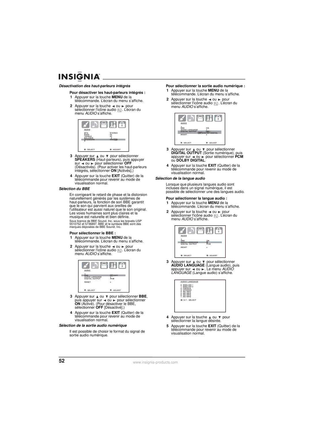 Insignia NS-30HTV manual Désactivation des haut-parleurs intégrés, Sélection du BBE, Sélection de la sortie audio numérique 