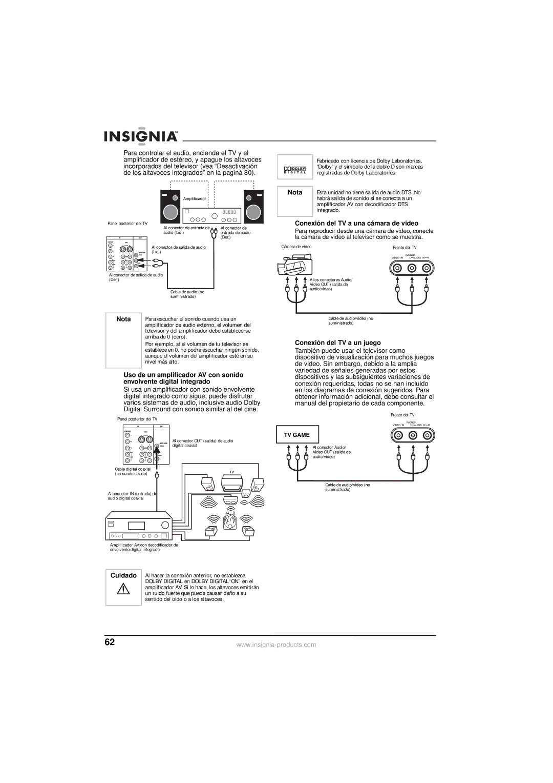 Insignia NS-30HTV manual Conexión del TV a una cámara de video, Conexión del TV a un juego, Cuidado 