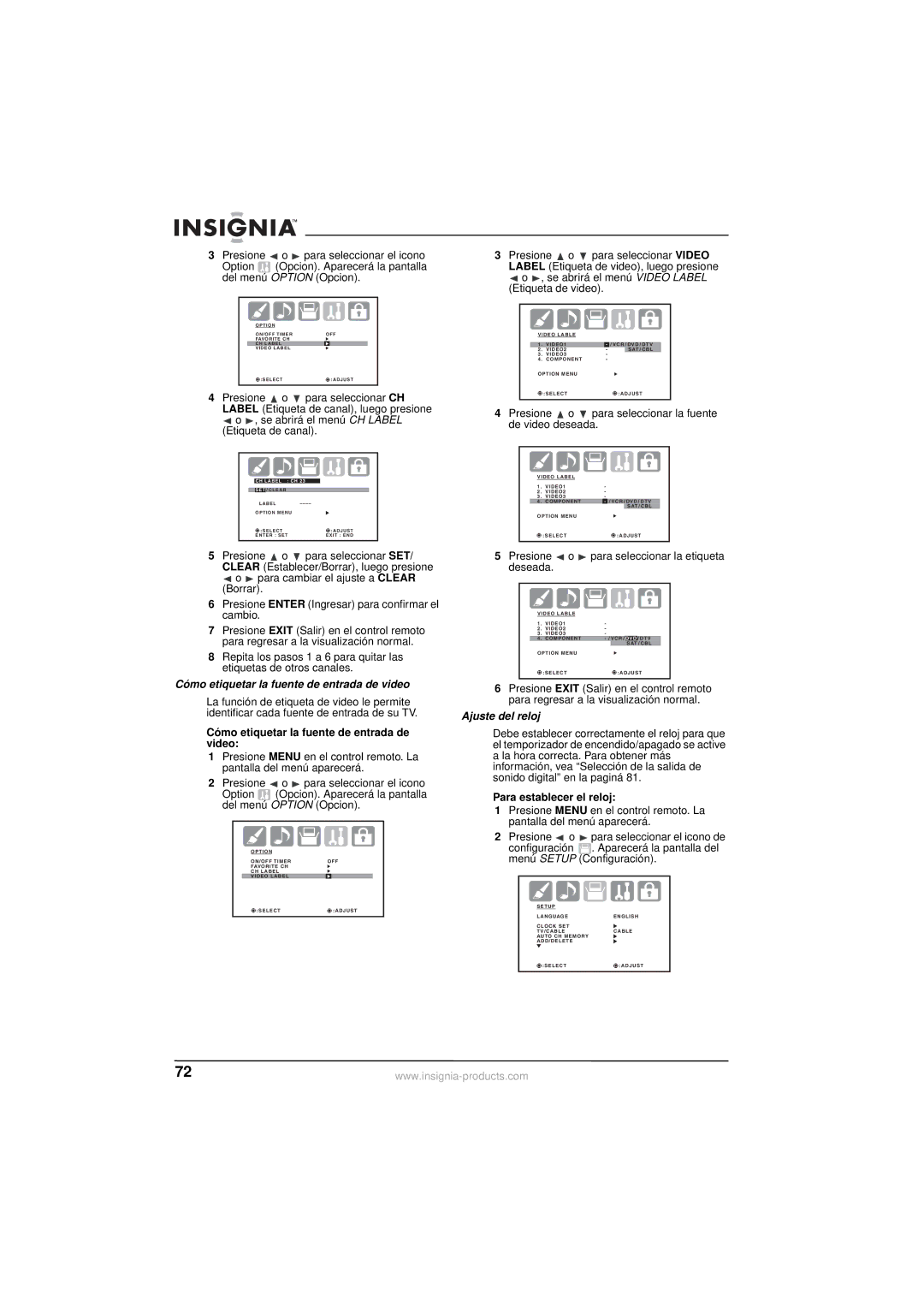 Insignia NS-30HTV manual Cómo etiquetar la fuente de entrada de video, Ajuste del reloj, Para establecer el reloj 