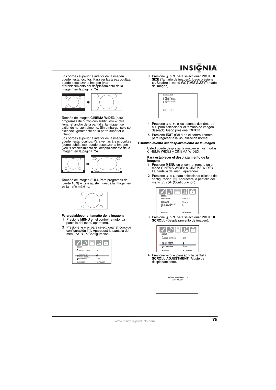 Insignia NS-30HTV manual Para establecer el tamaño de la imagen, Establecimiento del desplazamiento de la imagen 