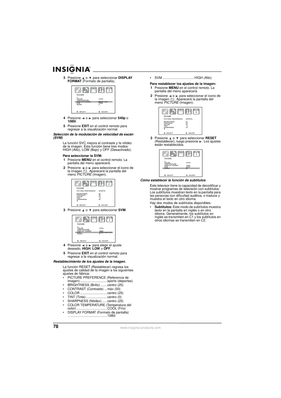 Insignia NS-30HTV manual Selección de la modulación de velocidad de escán SVM, Para seleccionar la SVM 