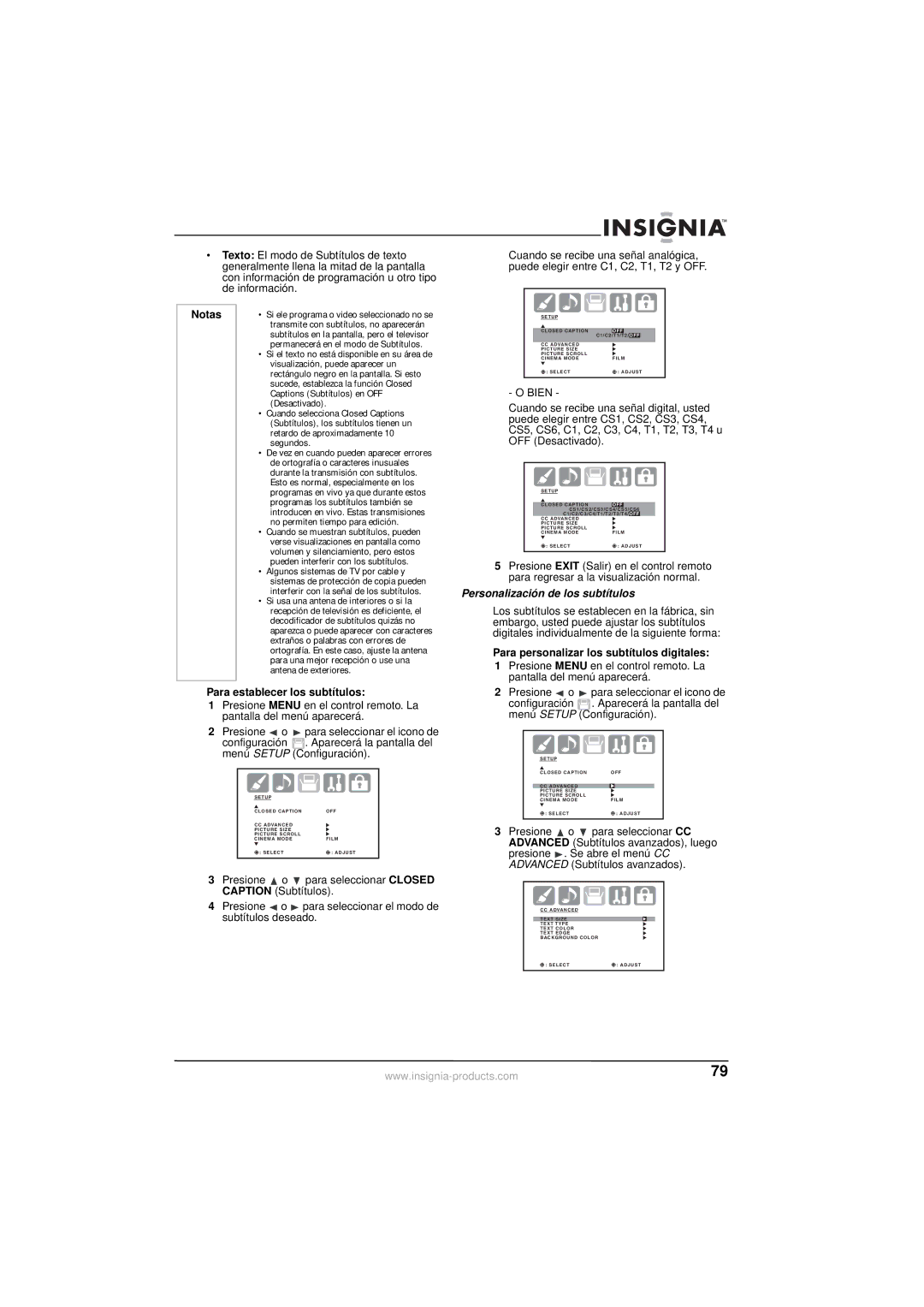 Insignia NS-30HTV manual Para establecer los subtítulos, Personalización de los subtítulos 