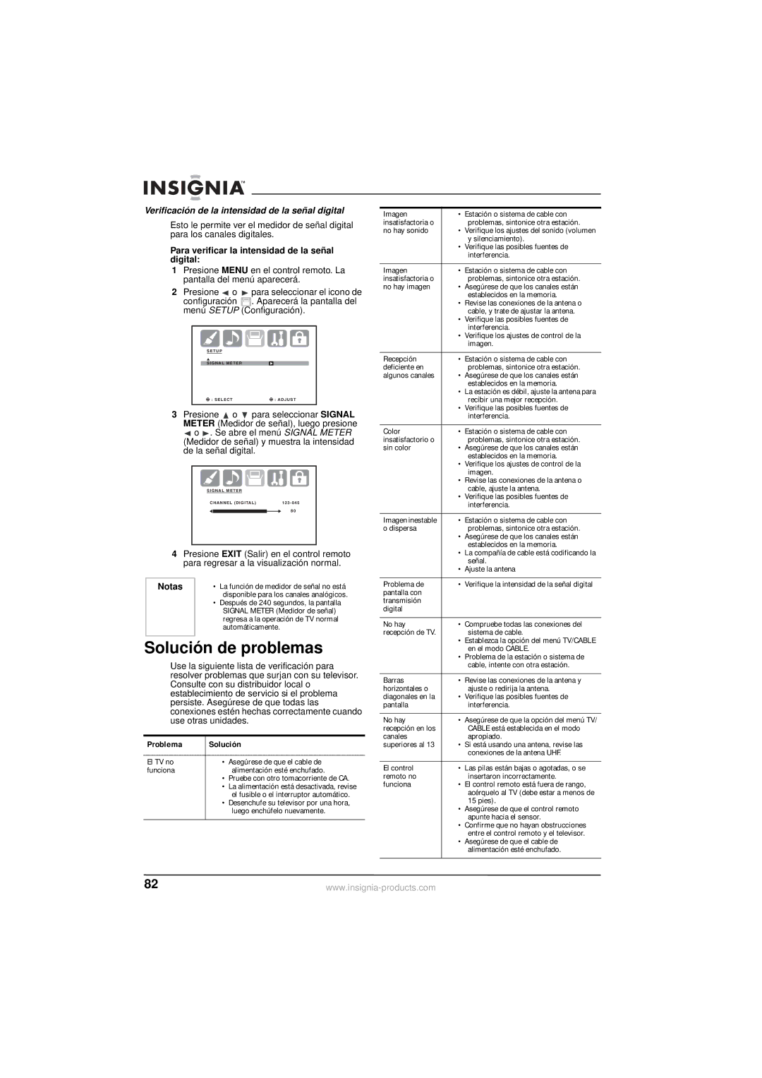 Insignia NS-30HTV manual Solución de problemas, Verificación de la intensidad de la señal digital, Problema Solución 