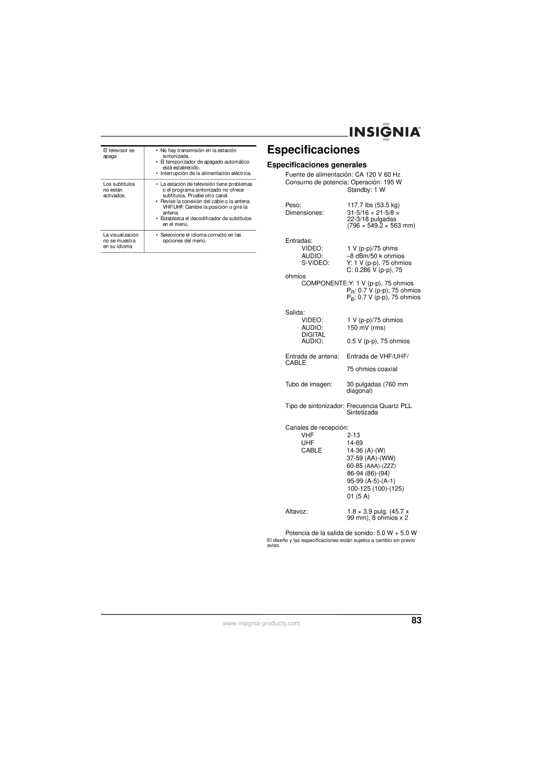 Insignia NS-30HTV manual Especificaciones generales 