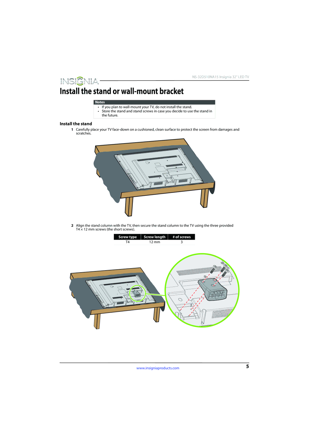 Insignia NS-32D510NA15 manual Install the stand or wall-mount bracket, Screw type Screw length, 12 mm, # of screws 