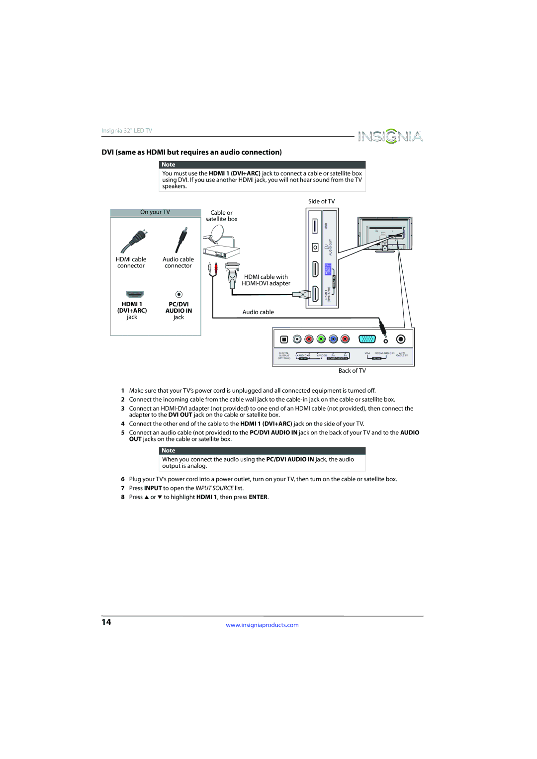 Insignia NS-32D510NA15 manual DVI same as Hdmi but requires an audio connection, Connector Hdmi cable with HDMI-DVI adapter 