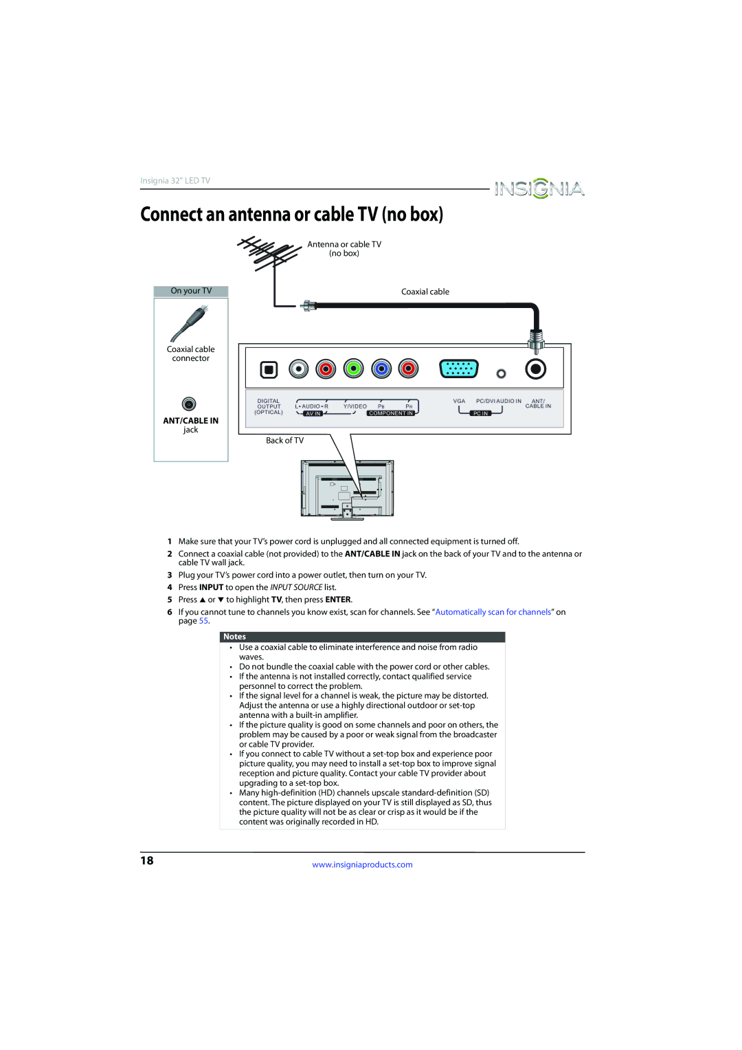 Insignia NS-32D510NA15 manual Connect an antenna or cable TV no box, Antenna or cable TV No box On your TV 