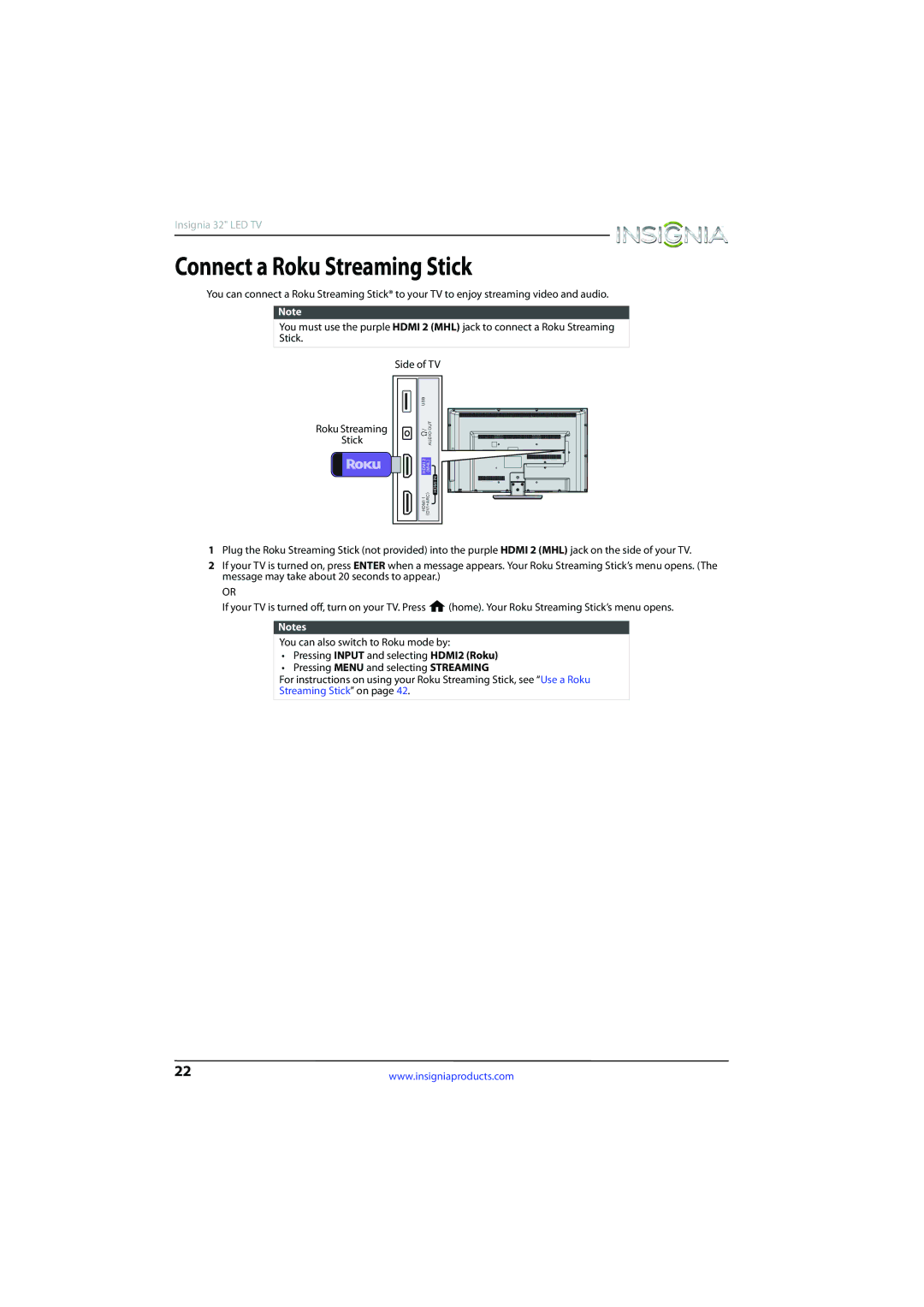 Insignia NS-32D510NA15 manual Connect a Roku Streaming Stick 