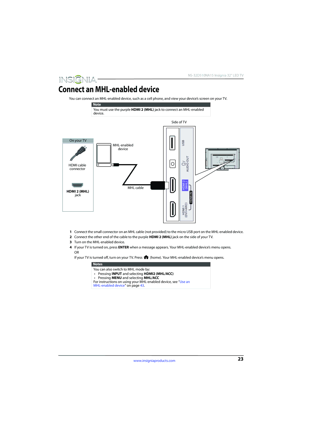 Insignia NS-32D510NA15 manual Connect an MHL-enabled device, Hdmi 2 MHL 