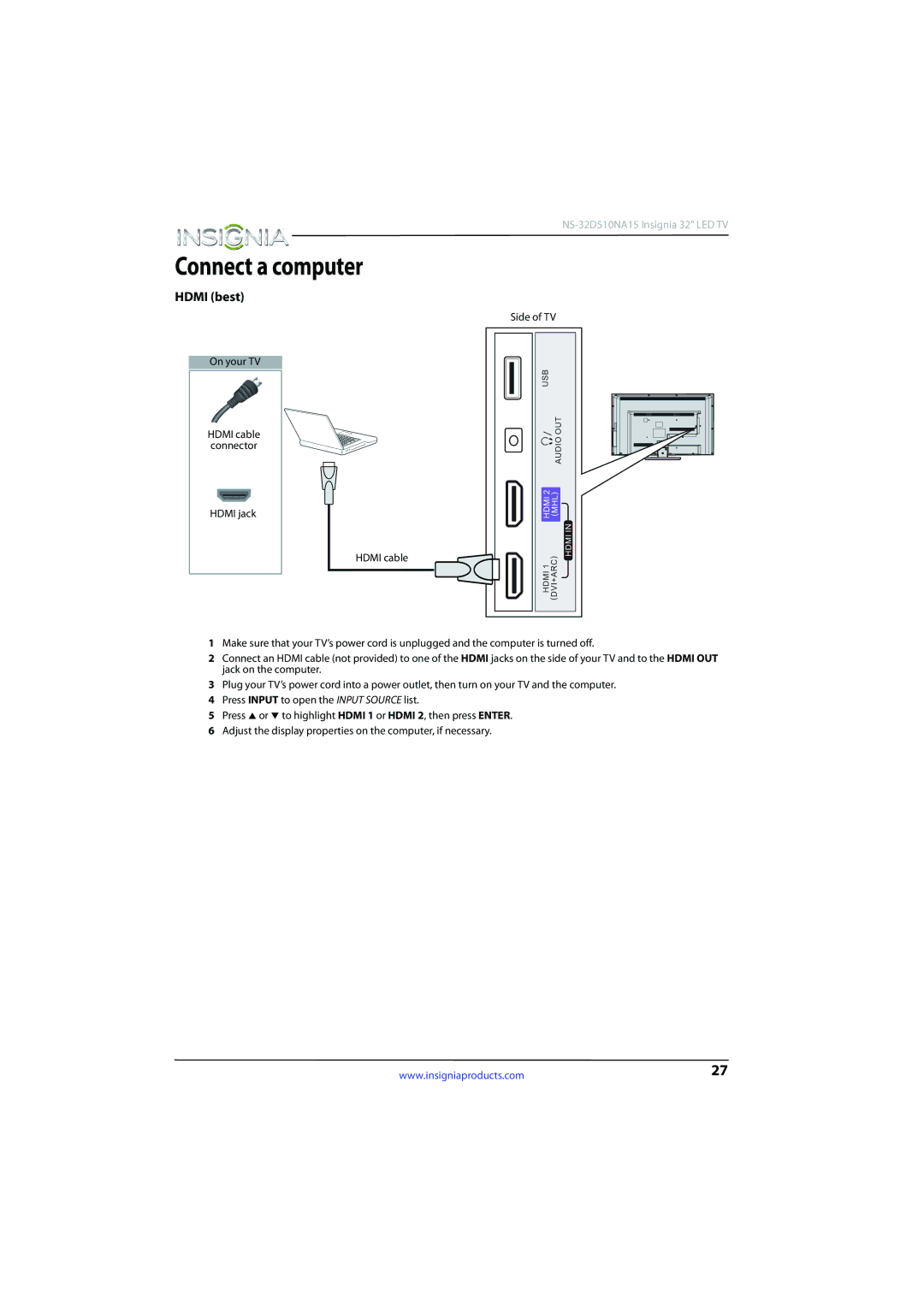 Insignia NS-32D510NA15 manual Connect a computer, Hdmi best 