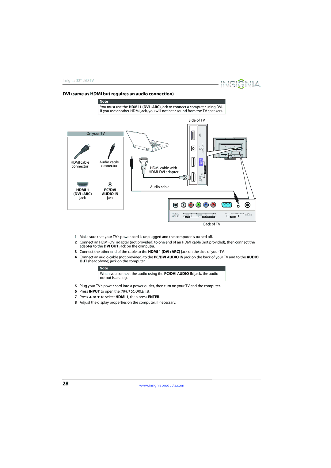 Insignia NS-32D510NA15 manual Pc/Dvi 