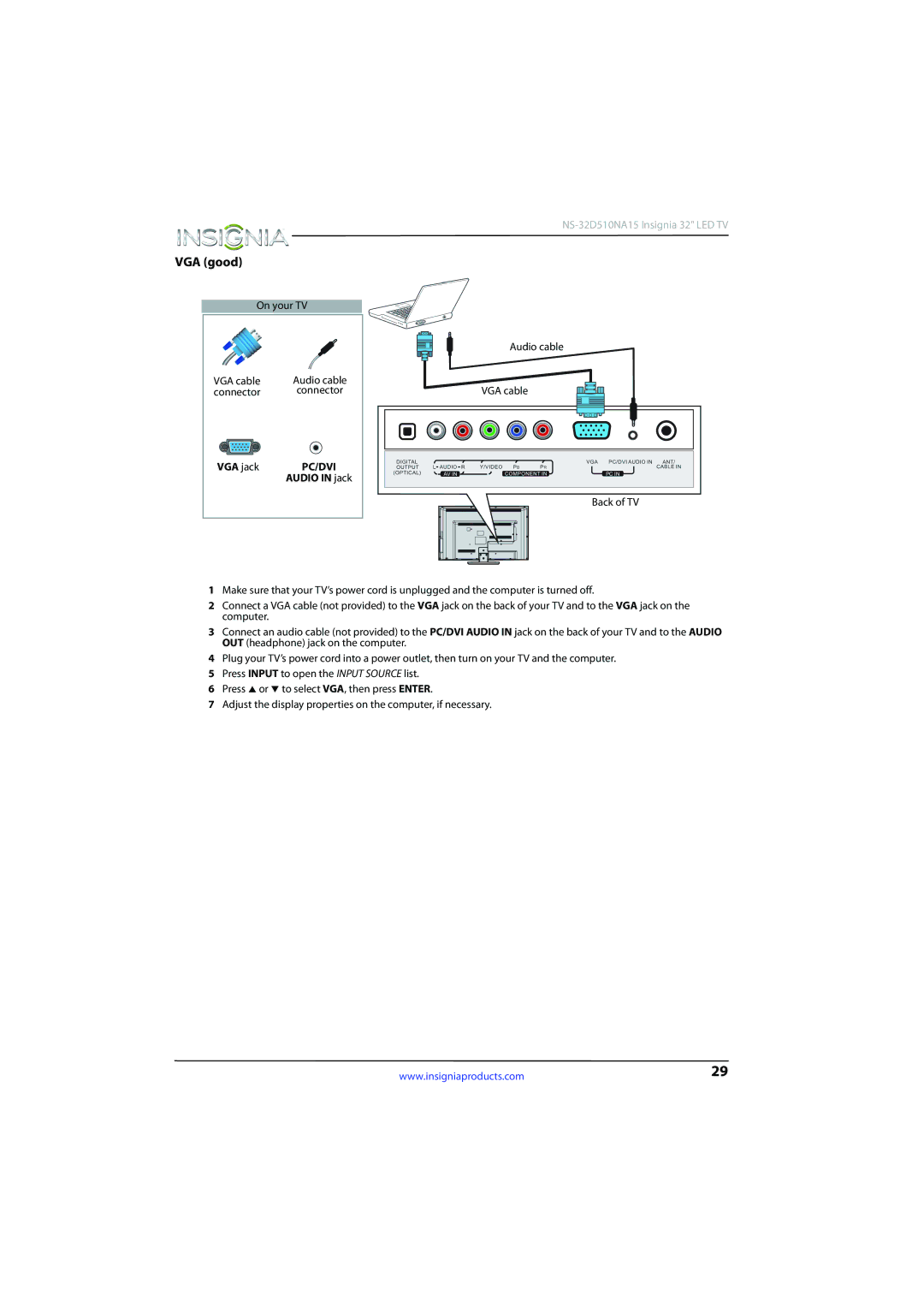 Insignia NS-32D510NA15 manual VGA good, On your TV Audio cable VGA cable, VGA jack 