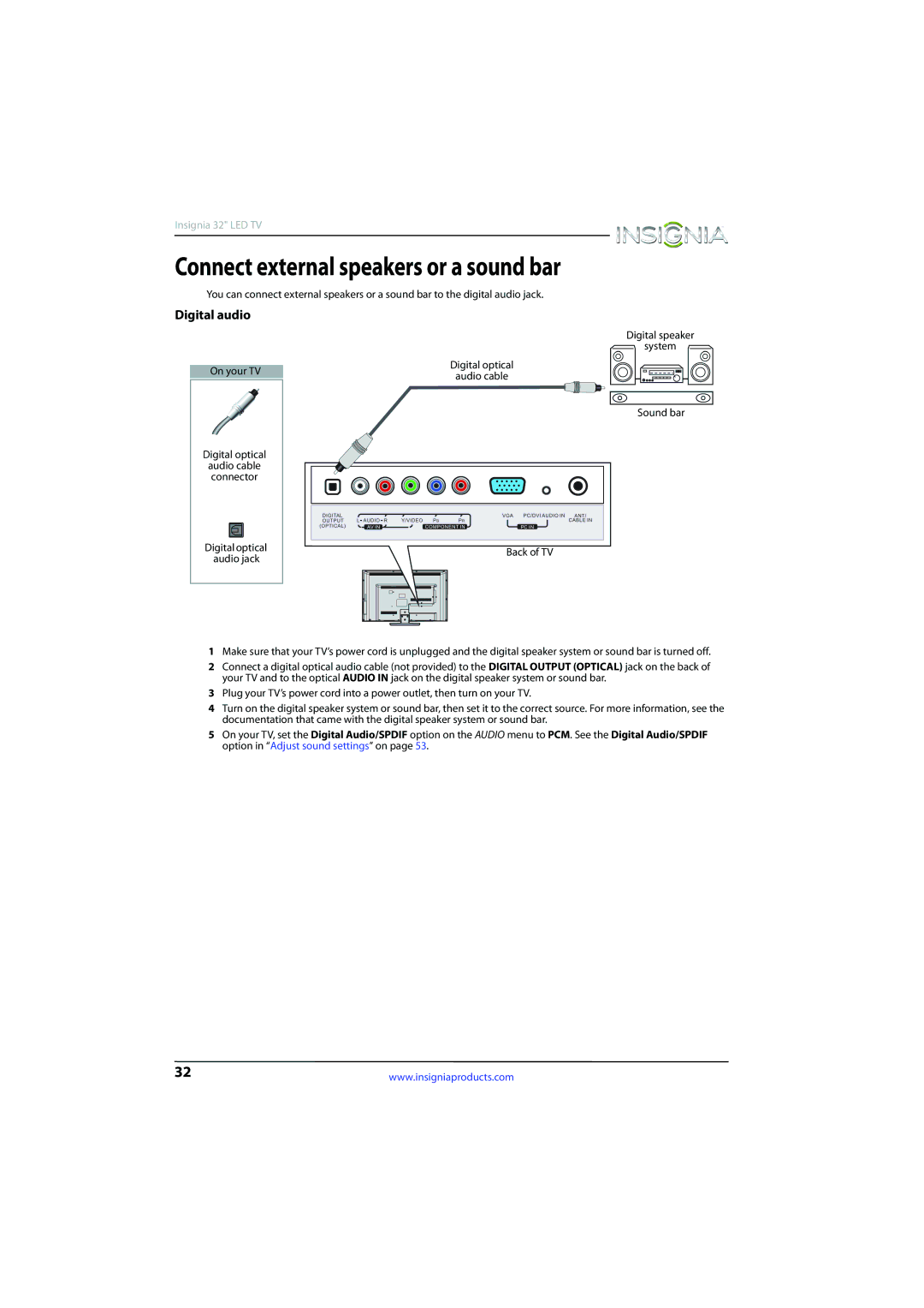 Insignia NS-32D510NA15 manual Connect external speakers or a sound bar, Digital audio, Digital speaker System On your TV 
