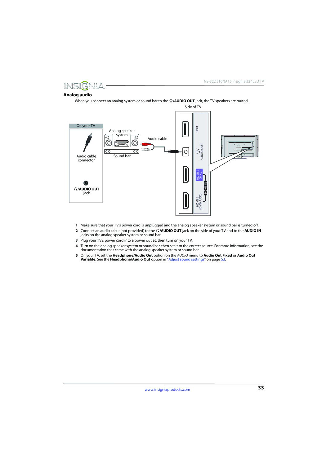 Insignia NS-32D510NA15 manual Analog audio, Audio OUT 