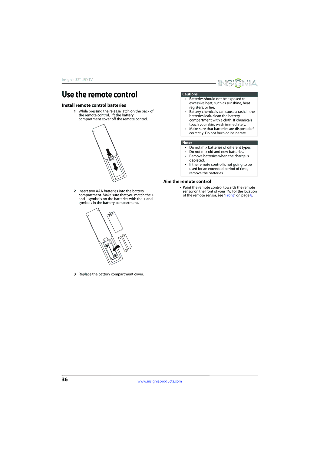 Insignia NS-32D510NA15 Install remote control batteries, Aim the remote control, Replace the battery compartment cover 