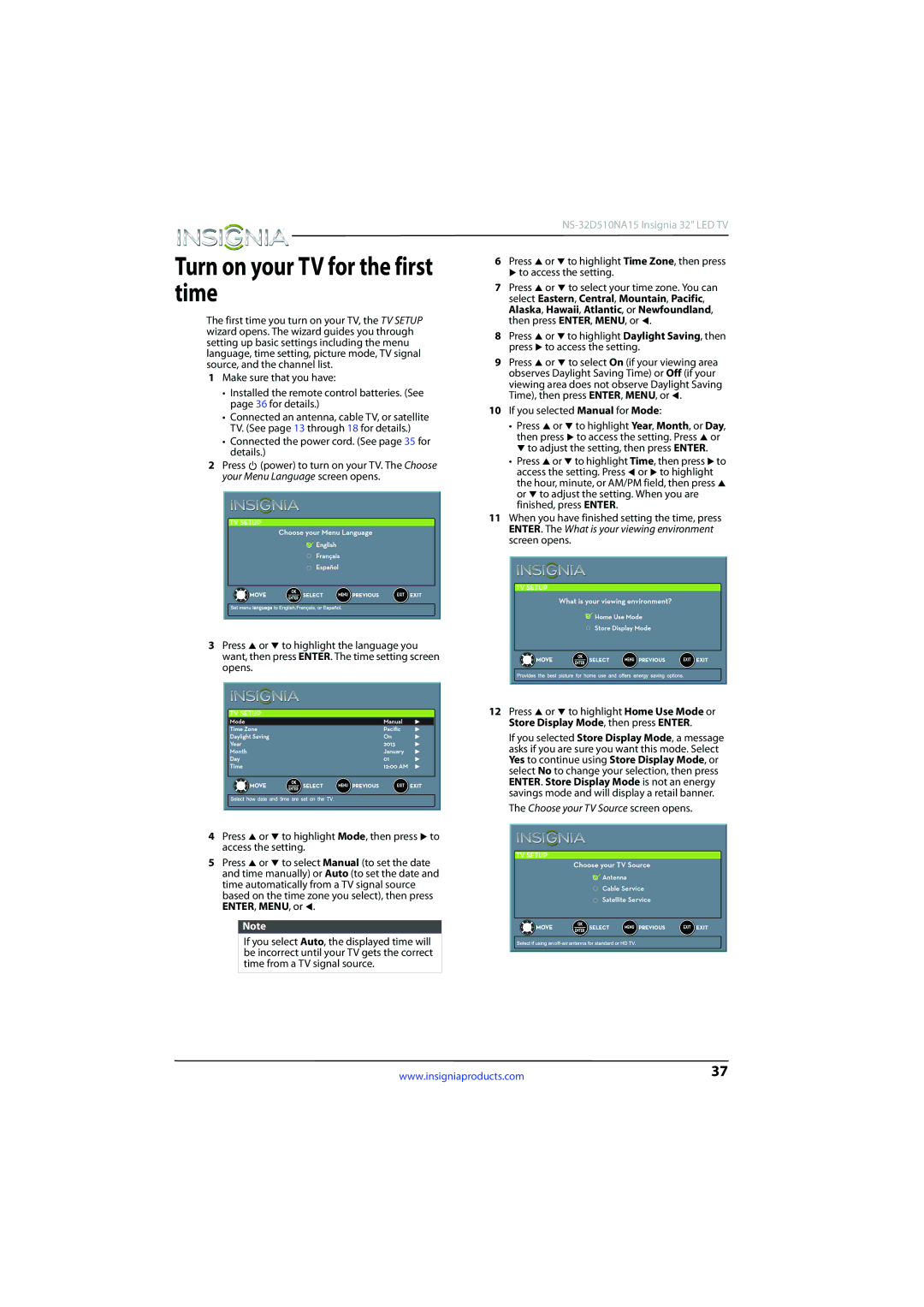 Insignia NS-32D510NA15 manual Turn on your TV for the first time, If you selected Manual for Mode 