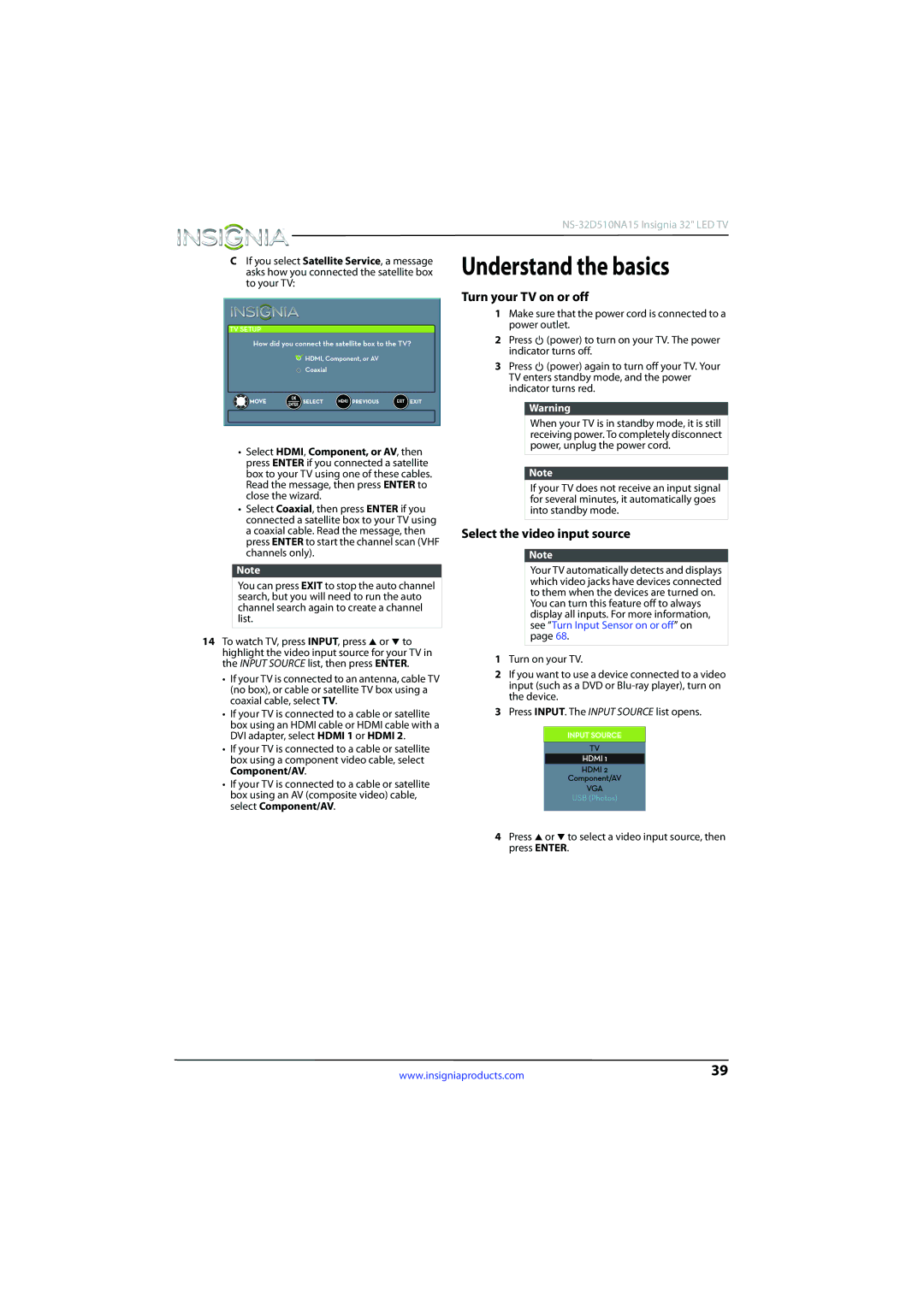 Insignia NS-32D510NA15 manual Understand the basics, Turn your TV on or off, Select the video input source 