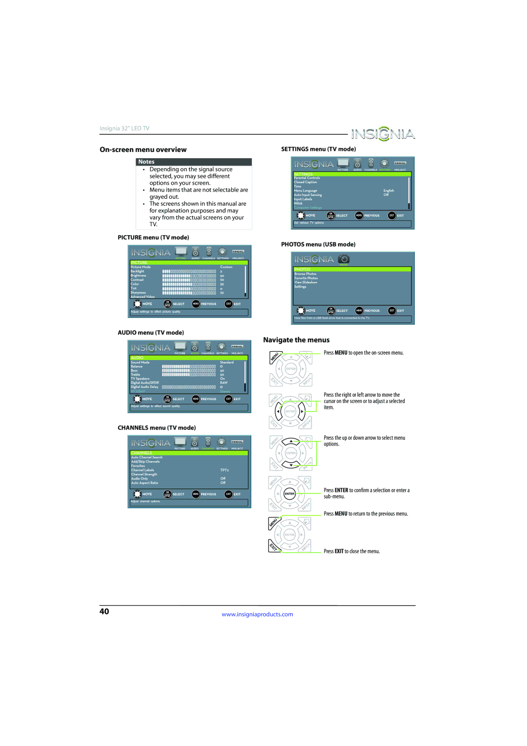 Insignia NS-32D510NA15 manual On-screen menu overview, Navigate the menus, Channels menu TV mode 