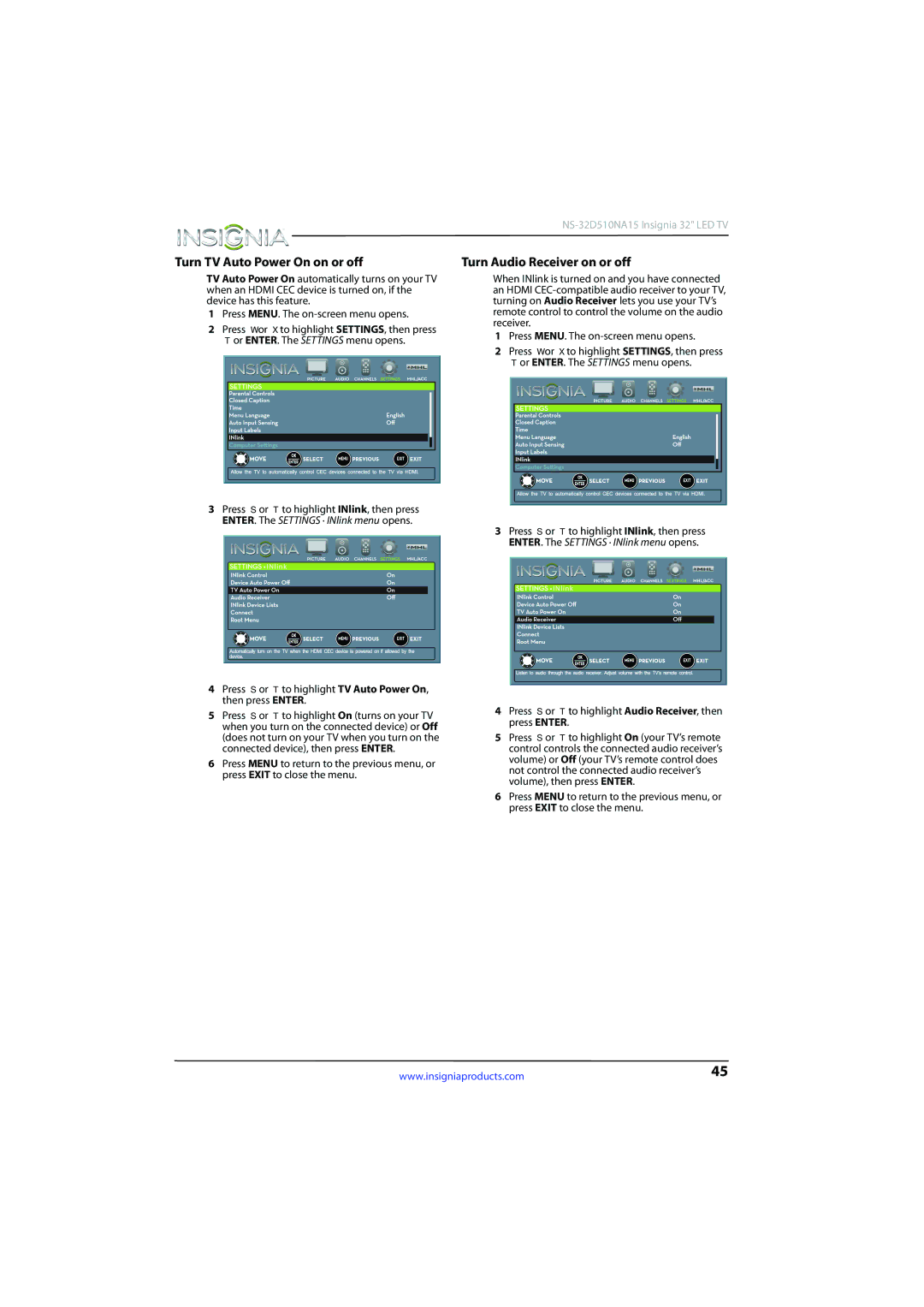 Insignia NS-32D510NA15 manual Turn TV Auto Power On on or off, Turn Audio Receiver on or off 