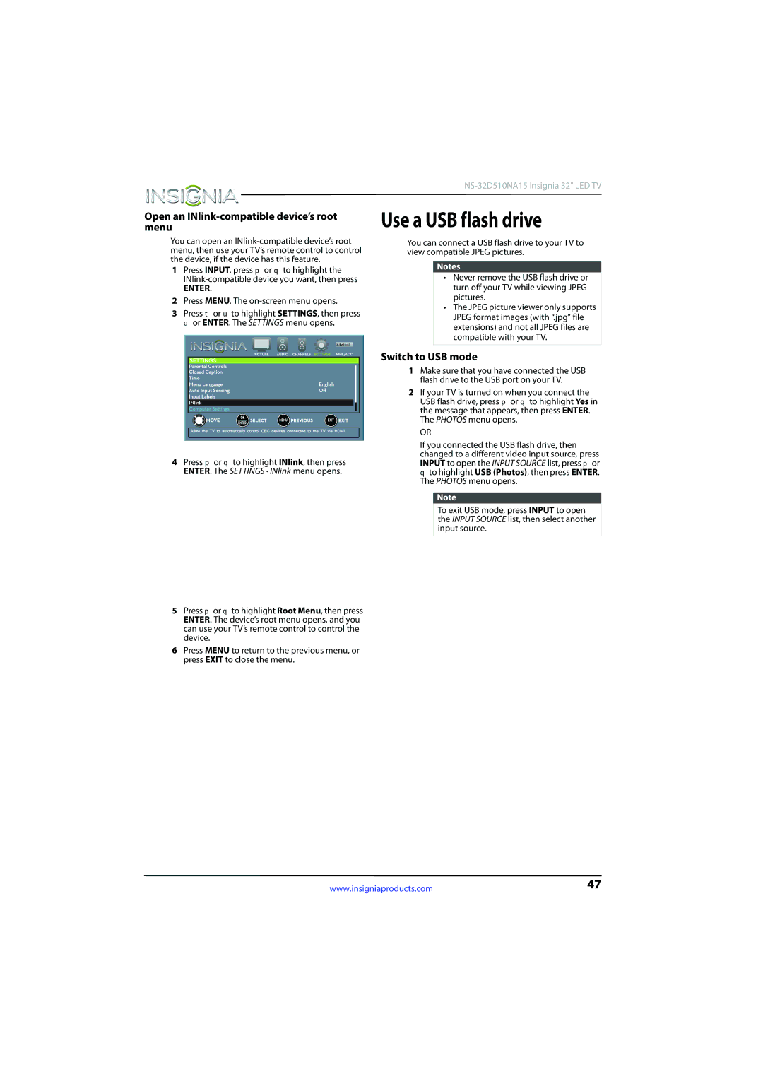 Insignia NS-32D510NA15 manual Use a USB flash drive, Open an INlink-compatible device’s root menu, Switch to USB mode 