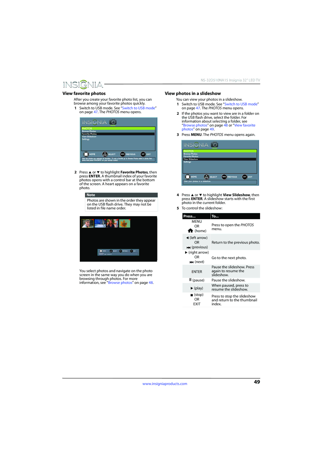 Insignia NS-32D510NA15 manual View favorite photos, View photos in a slideshow, Press 