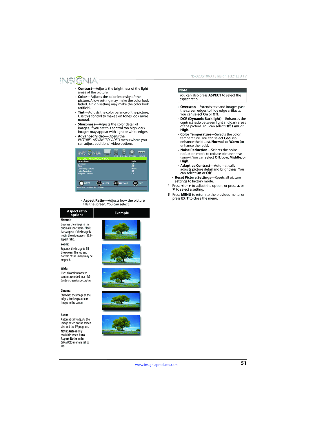 Insignia NS-32D510NA15 manual Aspect ratio Example Options 