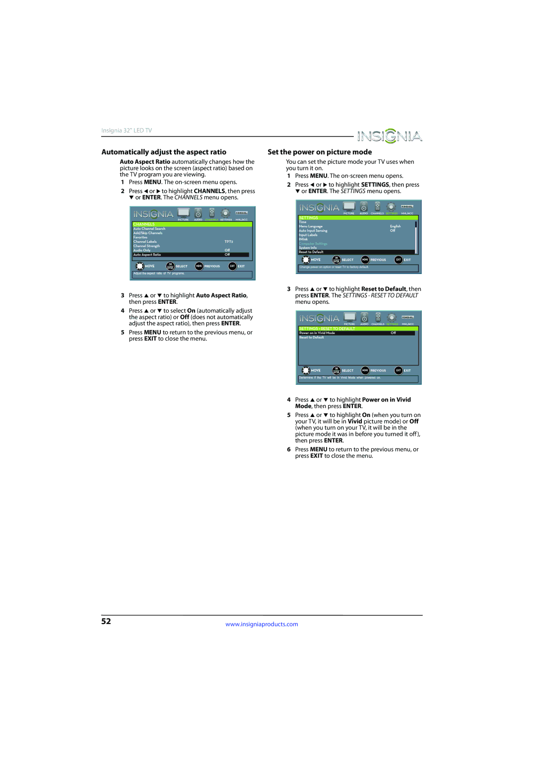 Insignia NS-32D510NA15 manual Automatically adjust the aspect ratio, Set the power on picture mode 