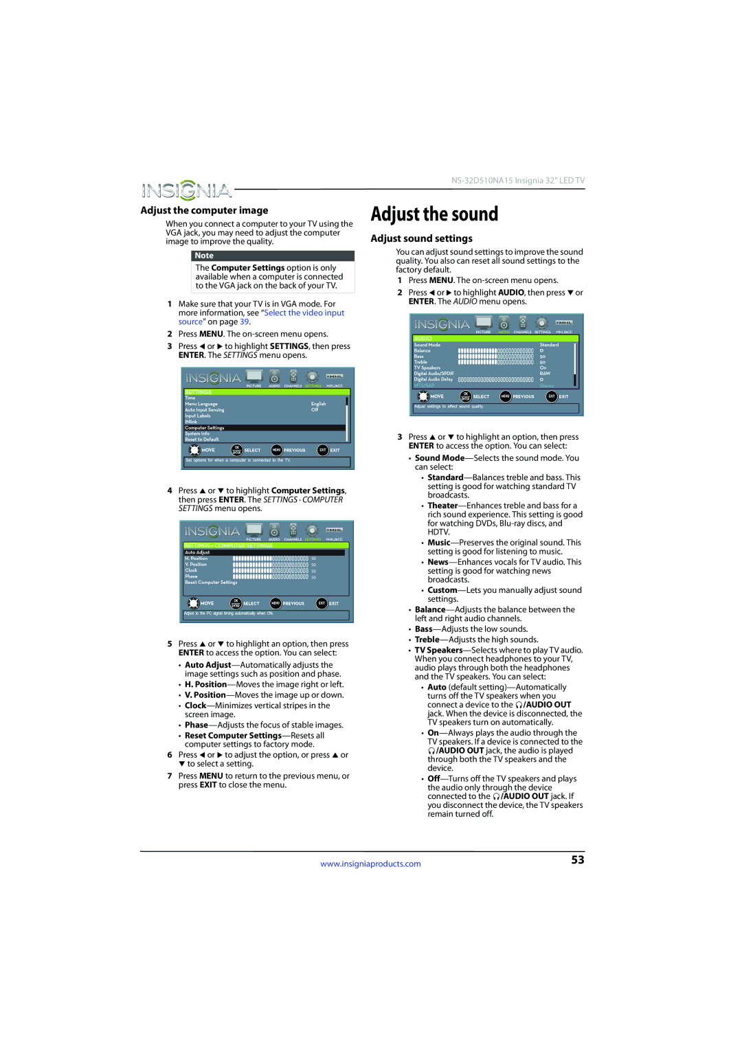 Insignia NS-32D510NA15 manual Adjust the sound, Adjust the computer image, Adjust sound settings 