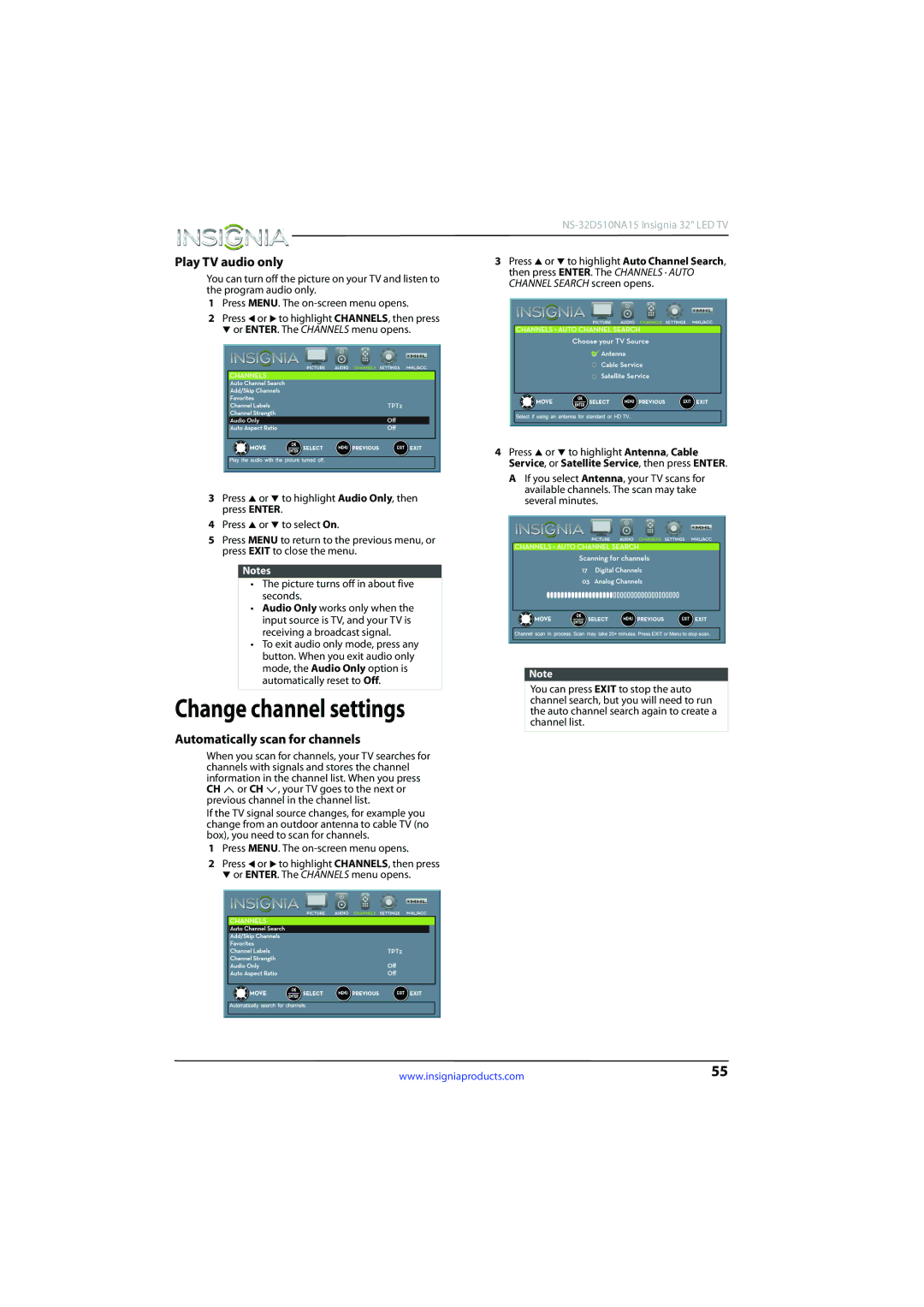 Insignia NS-32D510NA15 manual Change channel settings, Play TV audio only, Automatically scan for channels 