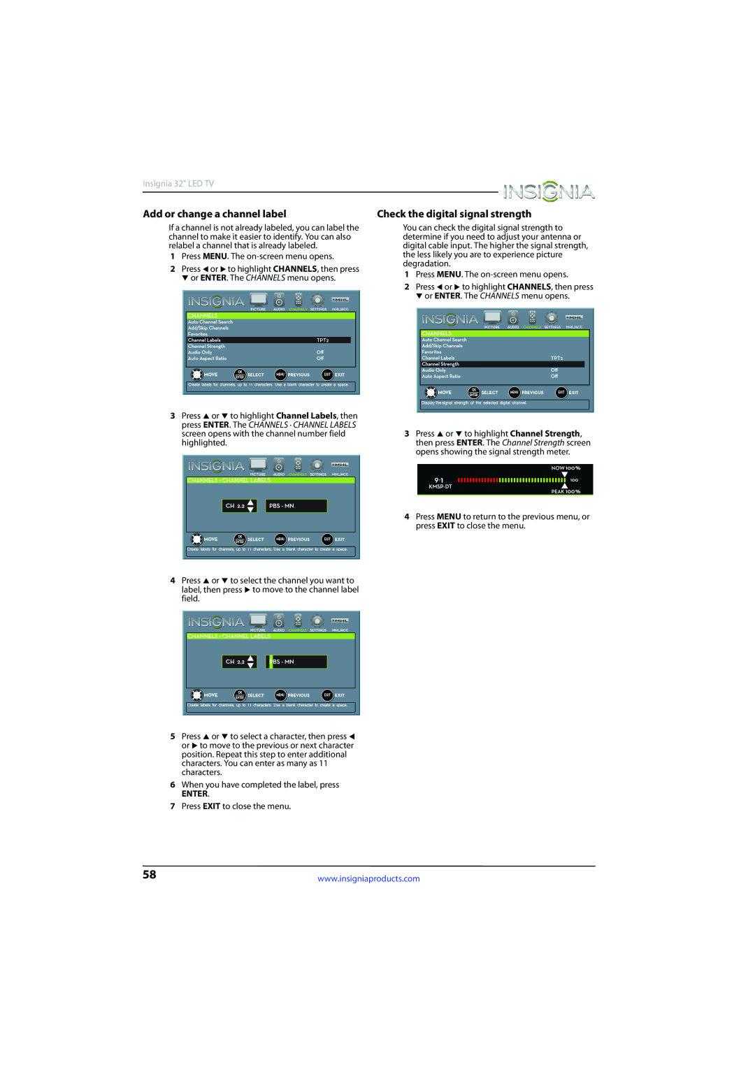 Insignia NS-32D510NA15 manual Add or change a channel label, Check the digital signal strength 