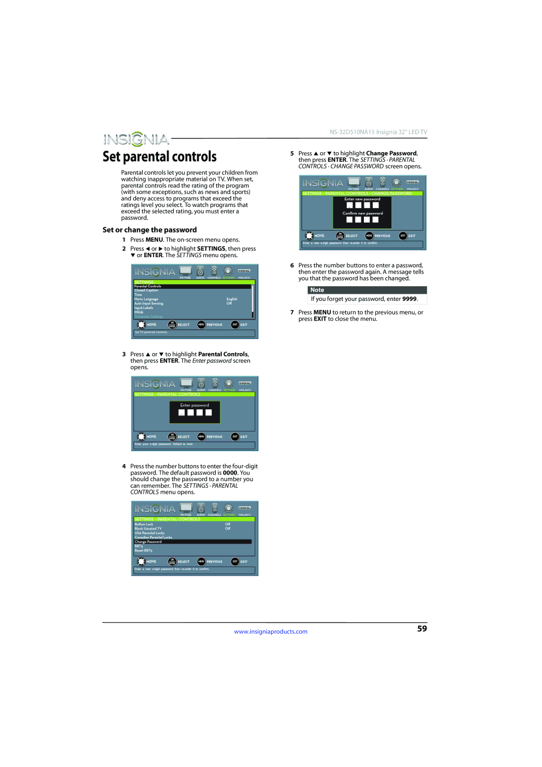 Insignia NS-32D510NA15 manual Set parental controls, Set or change the password 