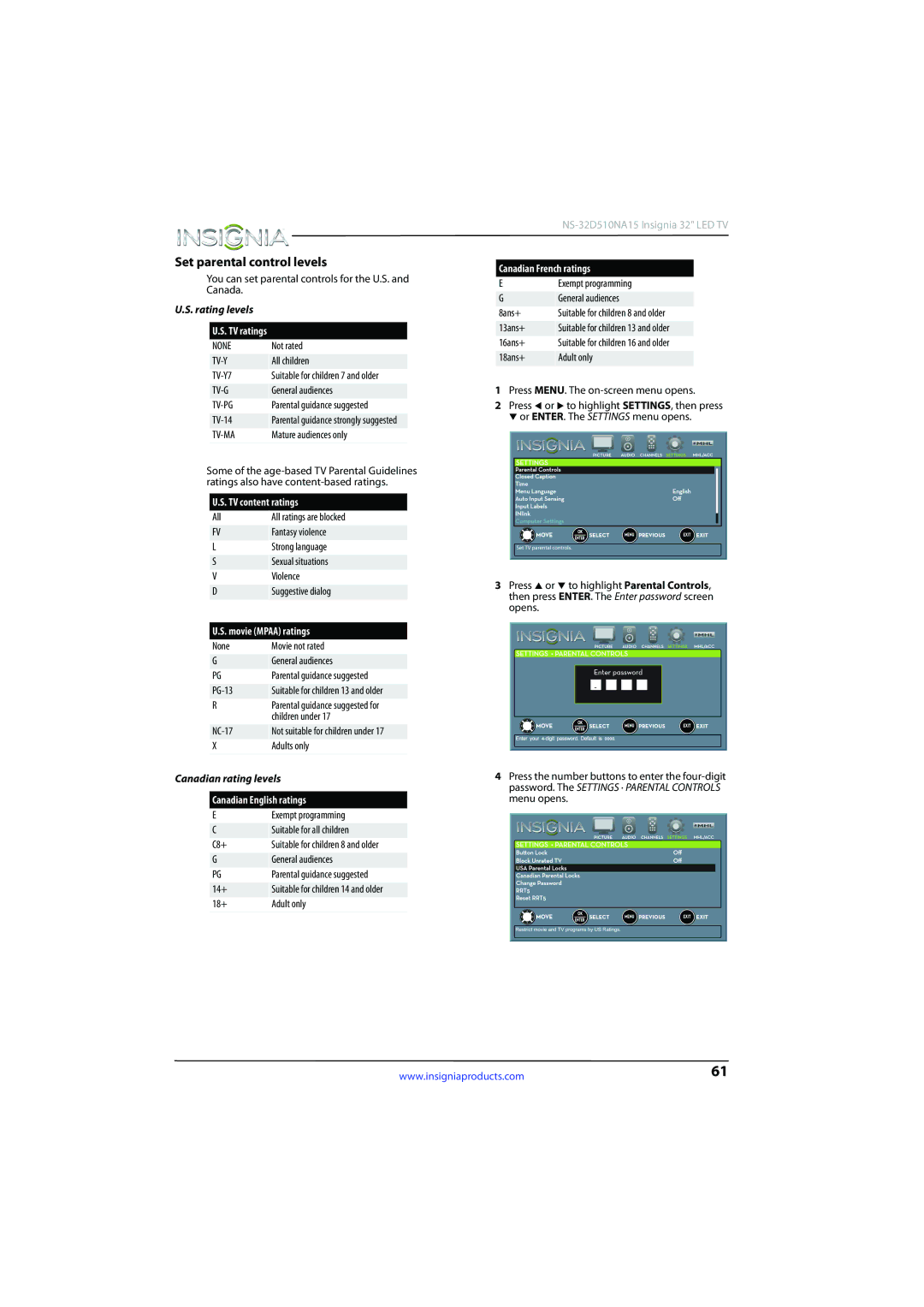 Insignia NS-32D510NA15 manual Set parental control levels, Canadian French ratings, TV content ratings, Movie Mpaa ratings 