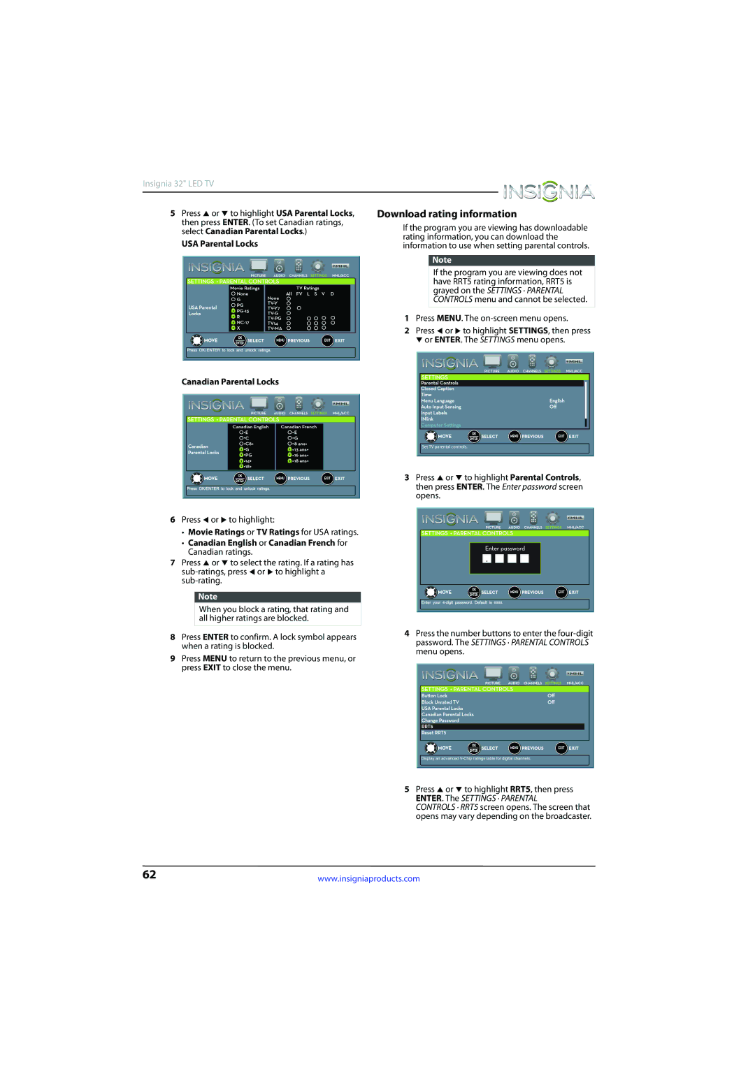 Insignia NS-32D510NA15 manual Download rating information, Select Canadian Parental Locks, USA Parental Locks 