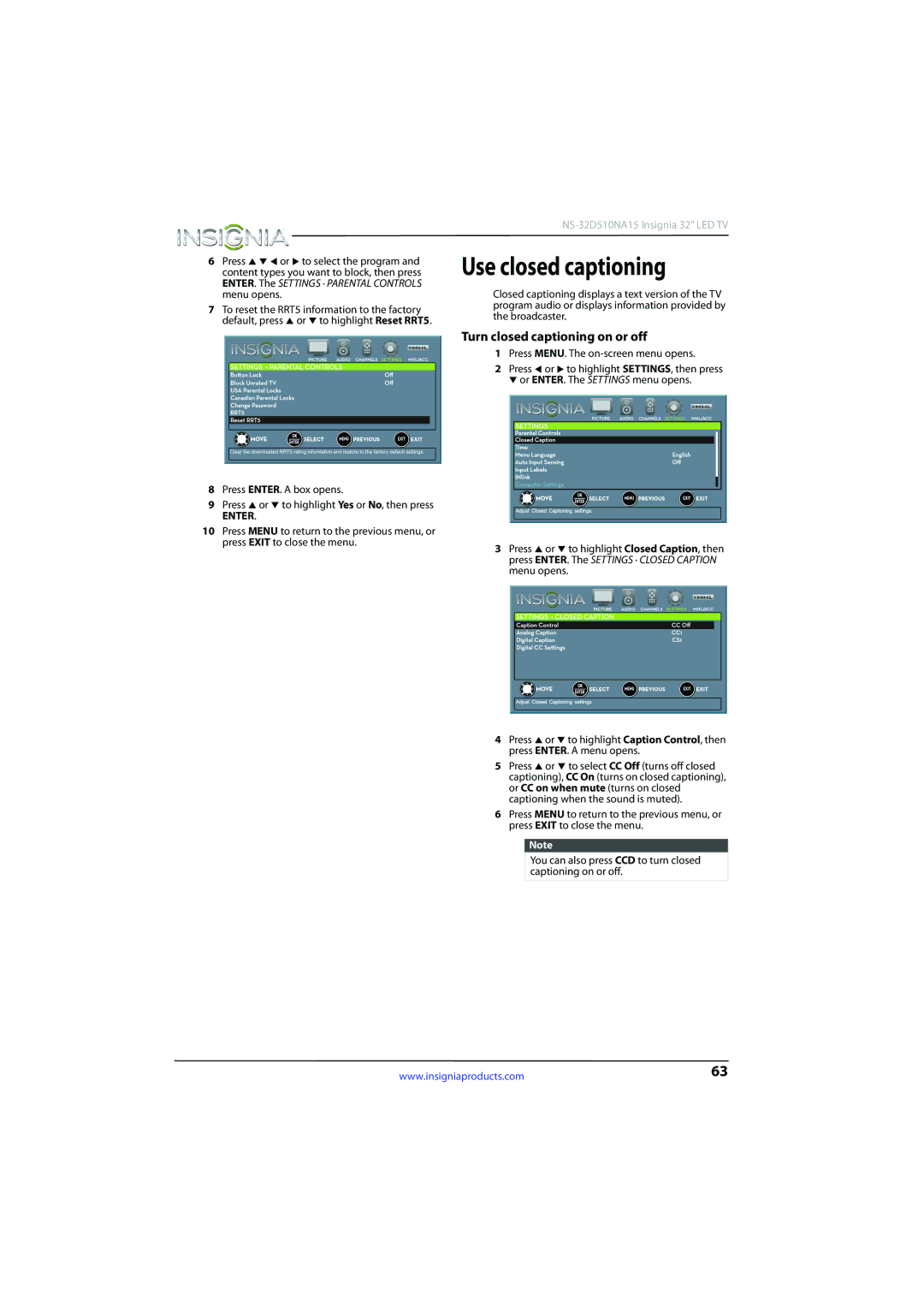 Insignia NS-32D510NA15 manual Use closed captioning, Turn closed captioning on or off, Press ENTER. a box opens 