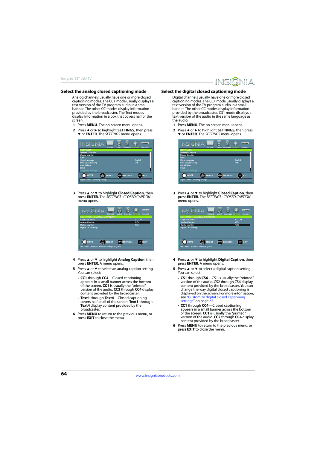 Insignia NS-32D510NA15 manual Select the analog closed captioning mode, Select the digital closed captioning mode 