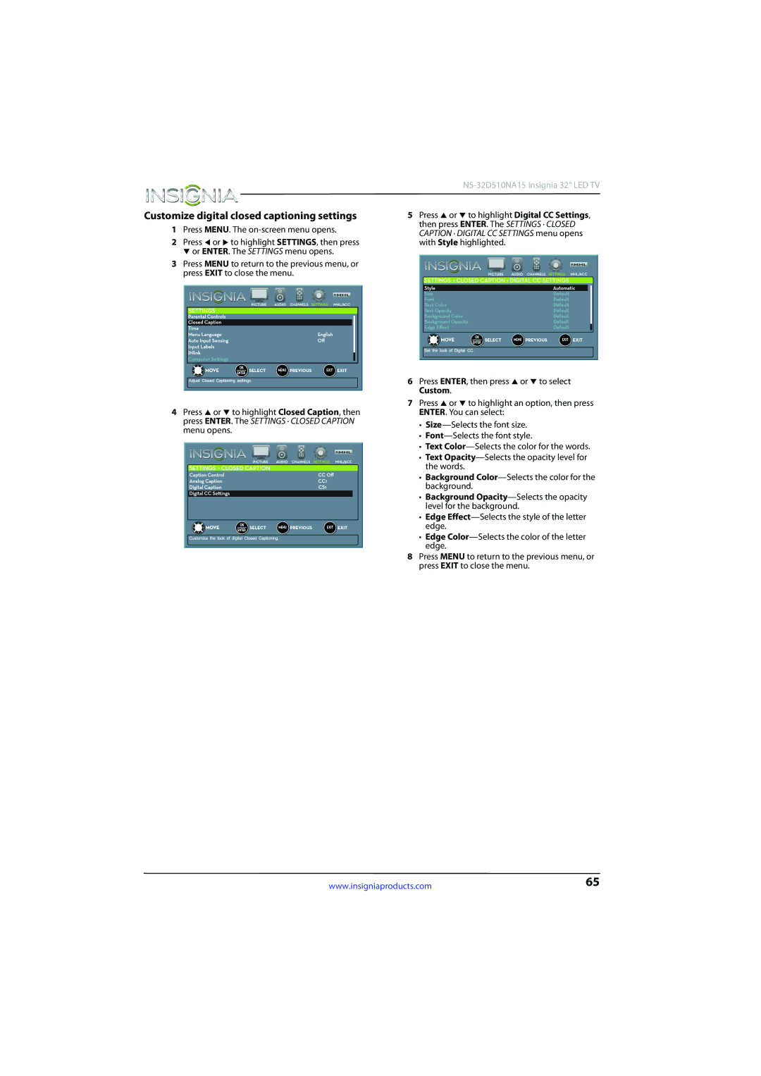 Insignia NS-32D510NA15 manual Customize digital closed captioning settings 