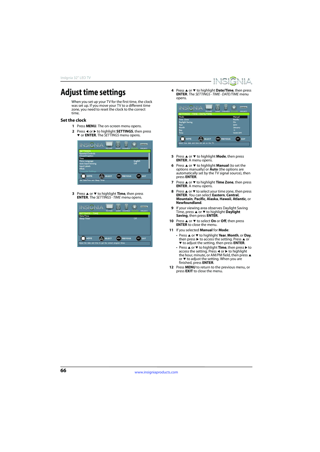 Insignia NS-32D510NA15 manual Adjust time settings, Set the clock 