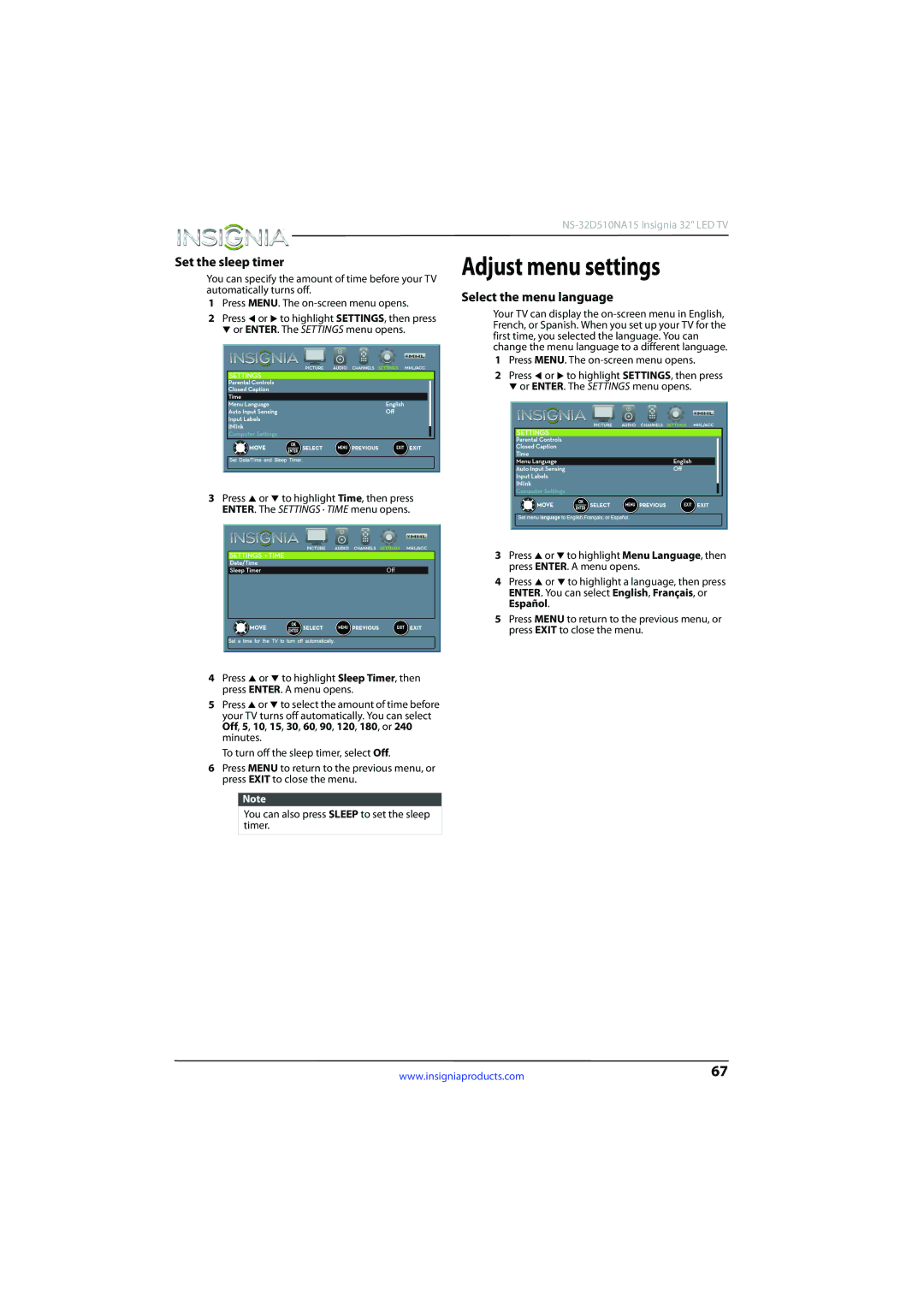 Insignia NS-32D510NA15 manual Adjust menu settings, Set the sleep timer, Select the menu language 