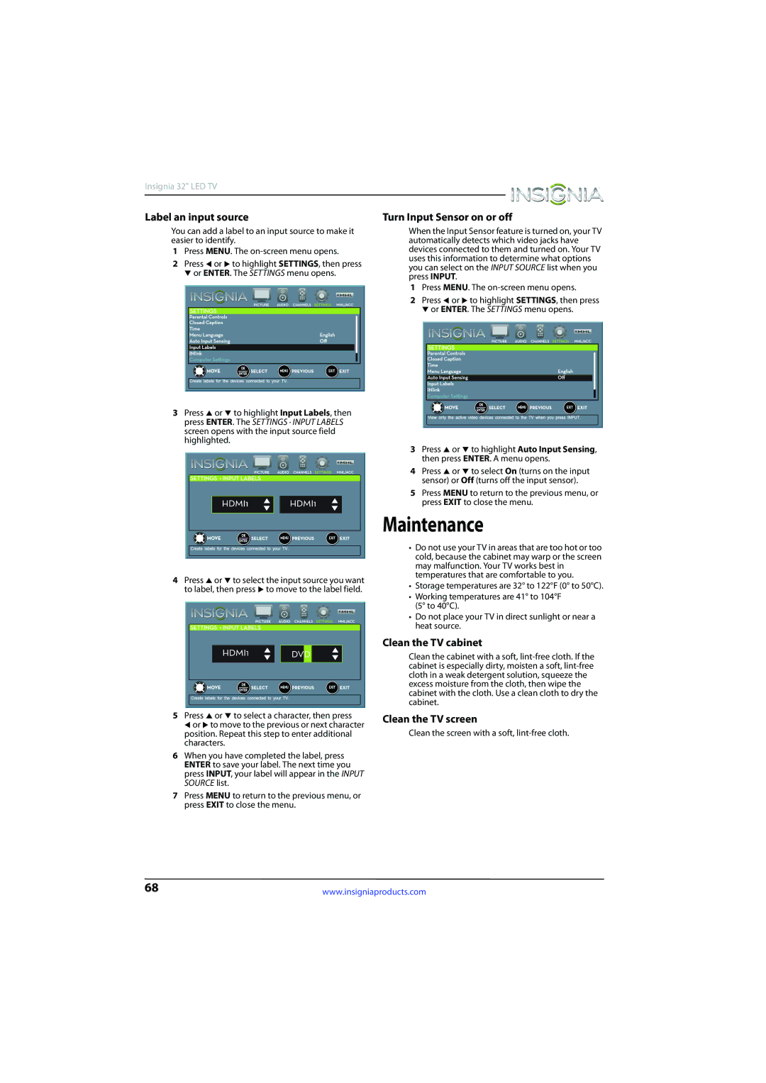 Insignia NS-32D510NA15 manual Maintenance, Label an input source, Clean the TV cabinet, Clean the TV screen 