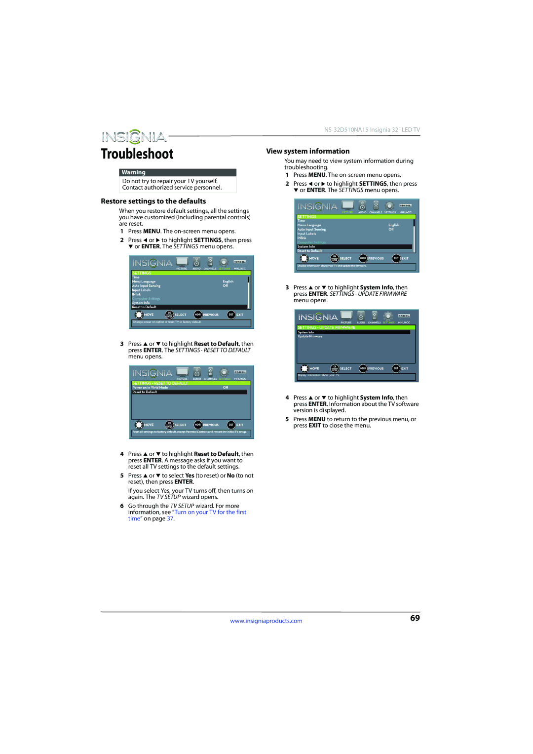 Insignia NS-32D510NA15 manual Troubleshoot, Restore settings to the defaults, View system information 