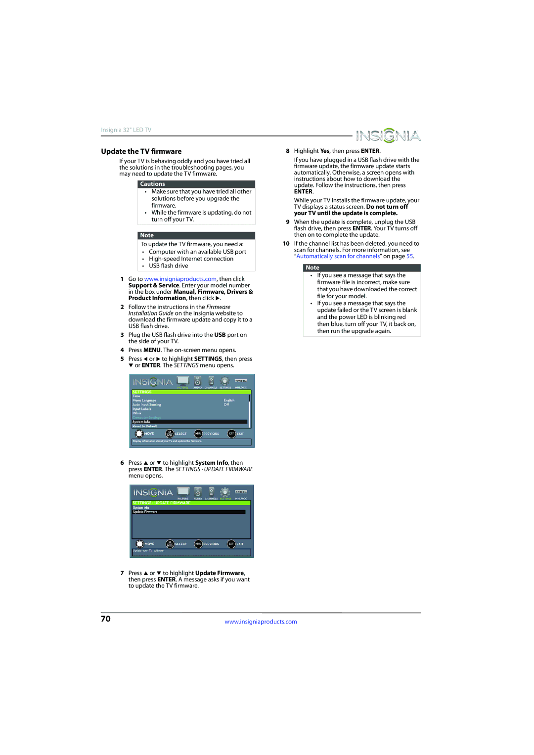 Insignia NS-32D510NA15 manual Update the TV firmware, Your TV until the update is complete, Product Information, then click 