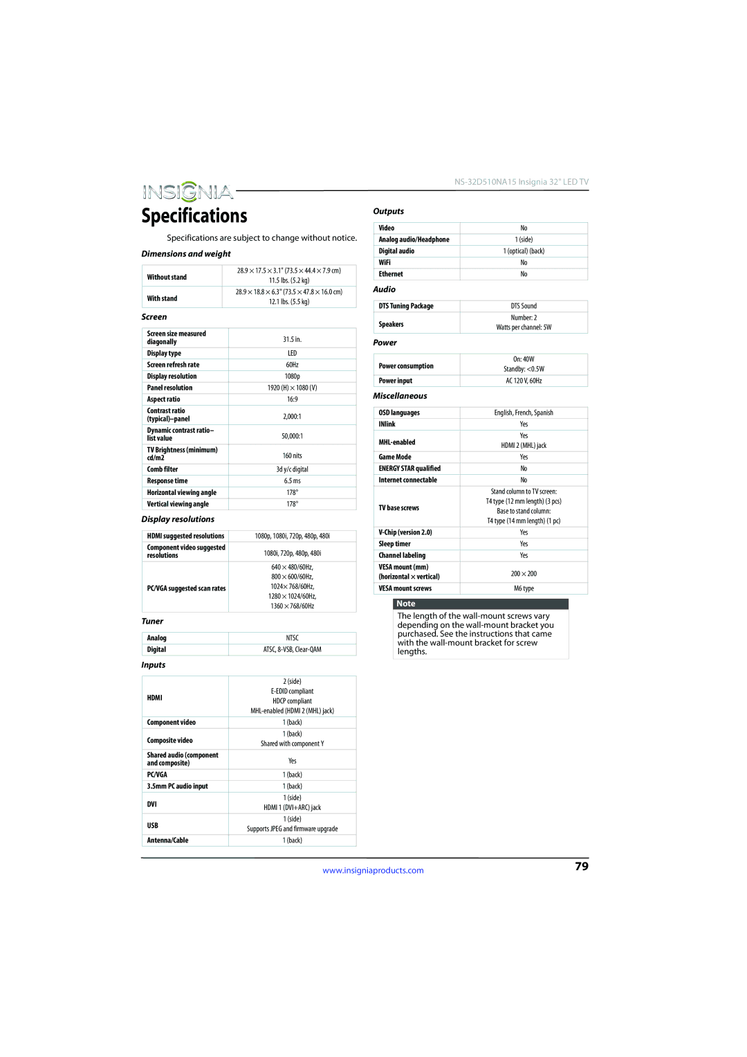 Insignia NS-32D510NA15 manual Specifications are subject to change without notice 